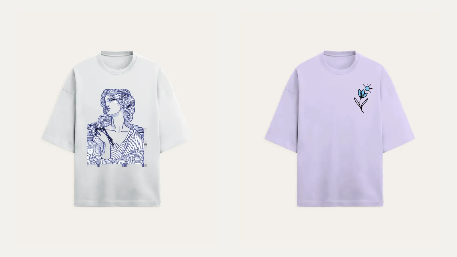 Two oversized tees: a white one with a large blue line-art portrait print filling the front, and a lavender one with a small line-art flower and sun printed on the chest