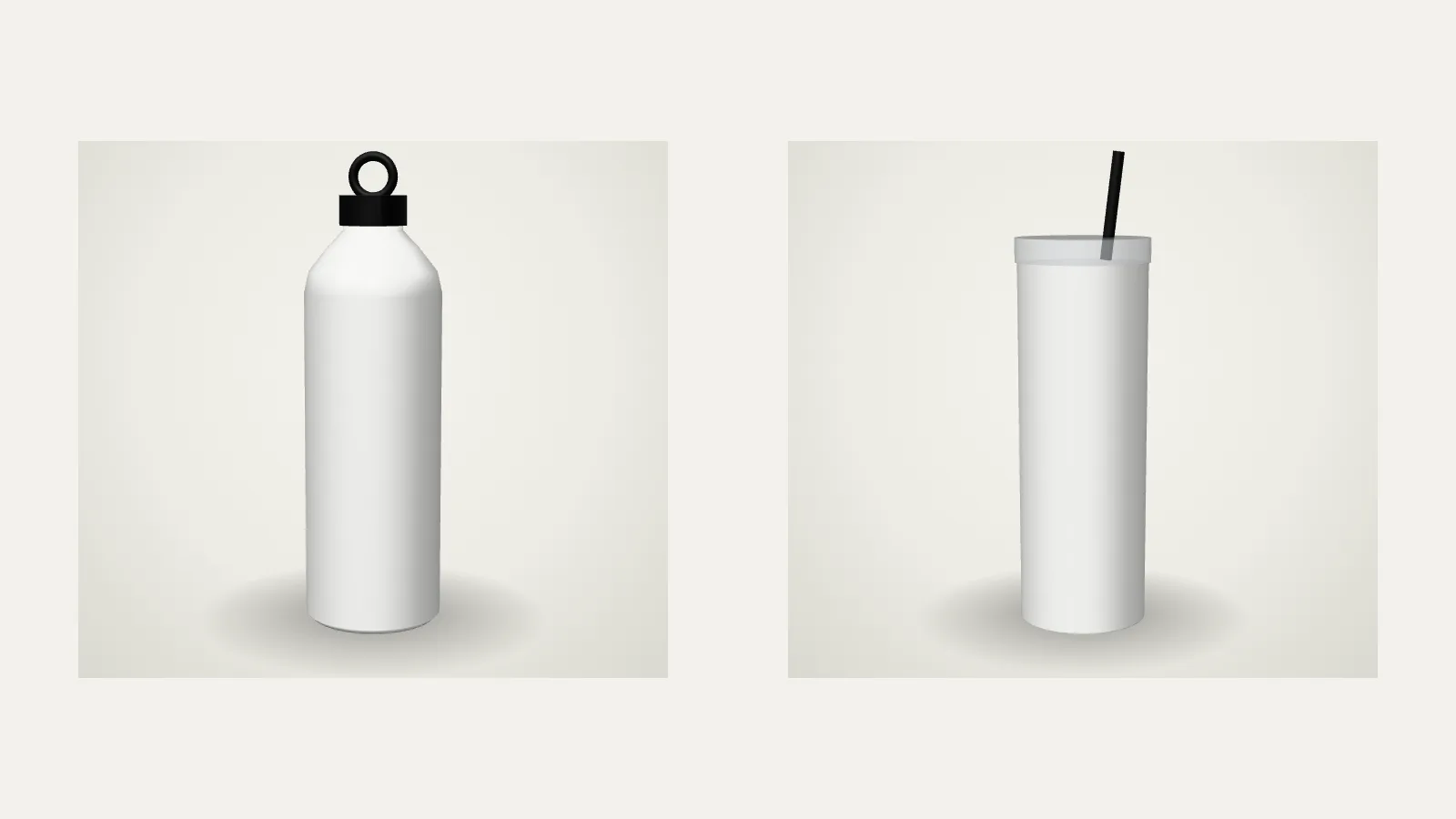 A white sipper bottle with a black loop cap next to a tall white tumbler with a lid and a black straw, both shown as the studio's 3D preview
