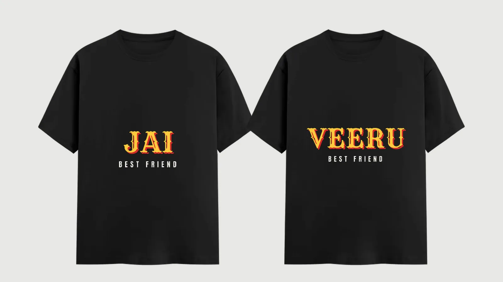 Two black pair tees side by side, one printed JAI and the other VEERU