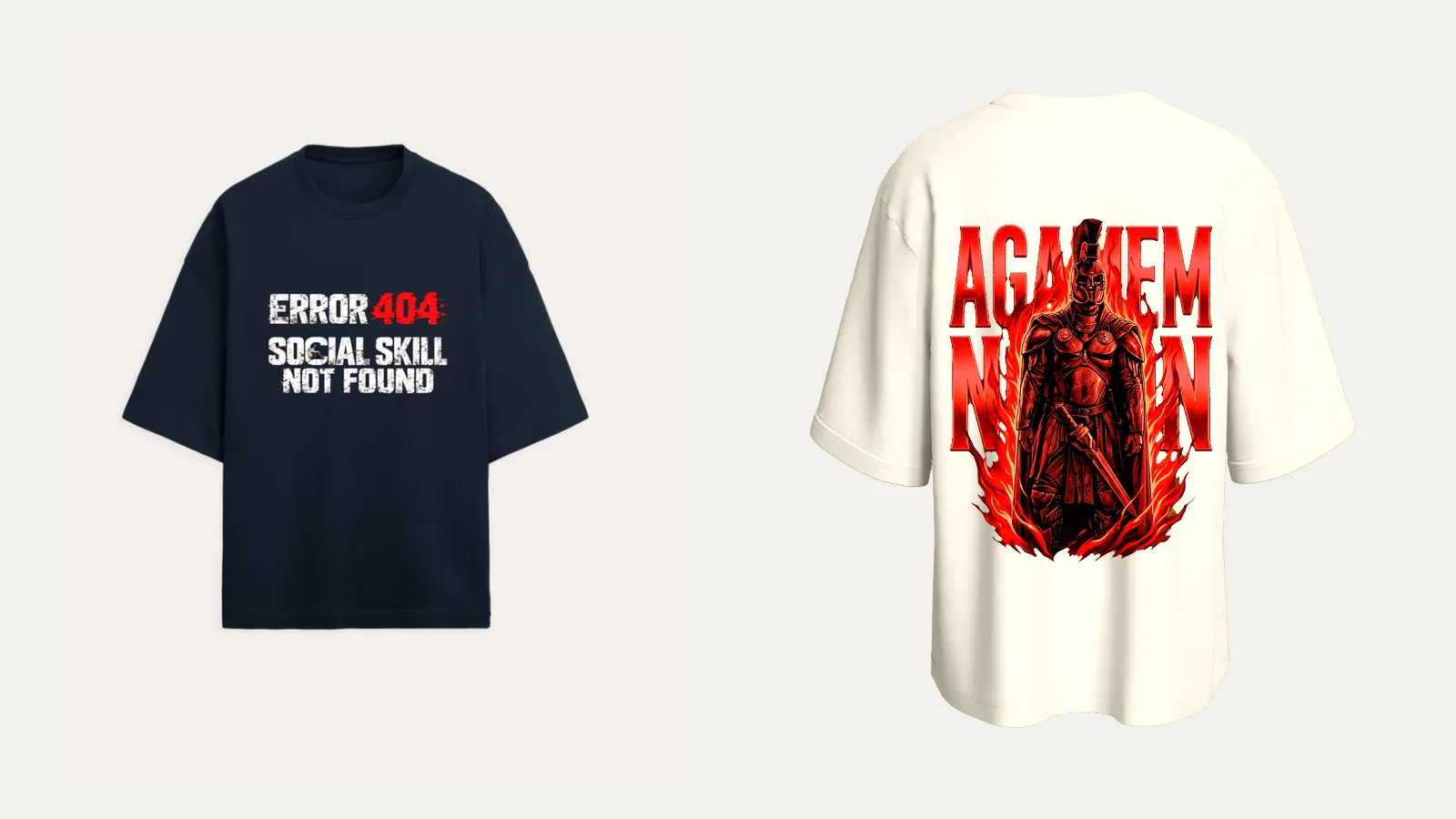 A navy oversized terry tee with a front print reading "ERROR 404 SOCIAL SKILL NOT FOUND", next to an off-white oversized terry tee with a large red and orange back print of an armoured figure.